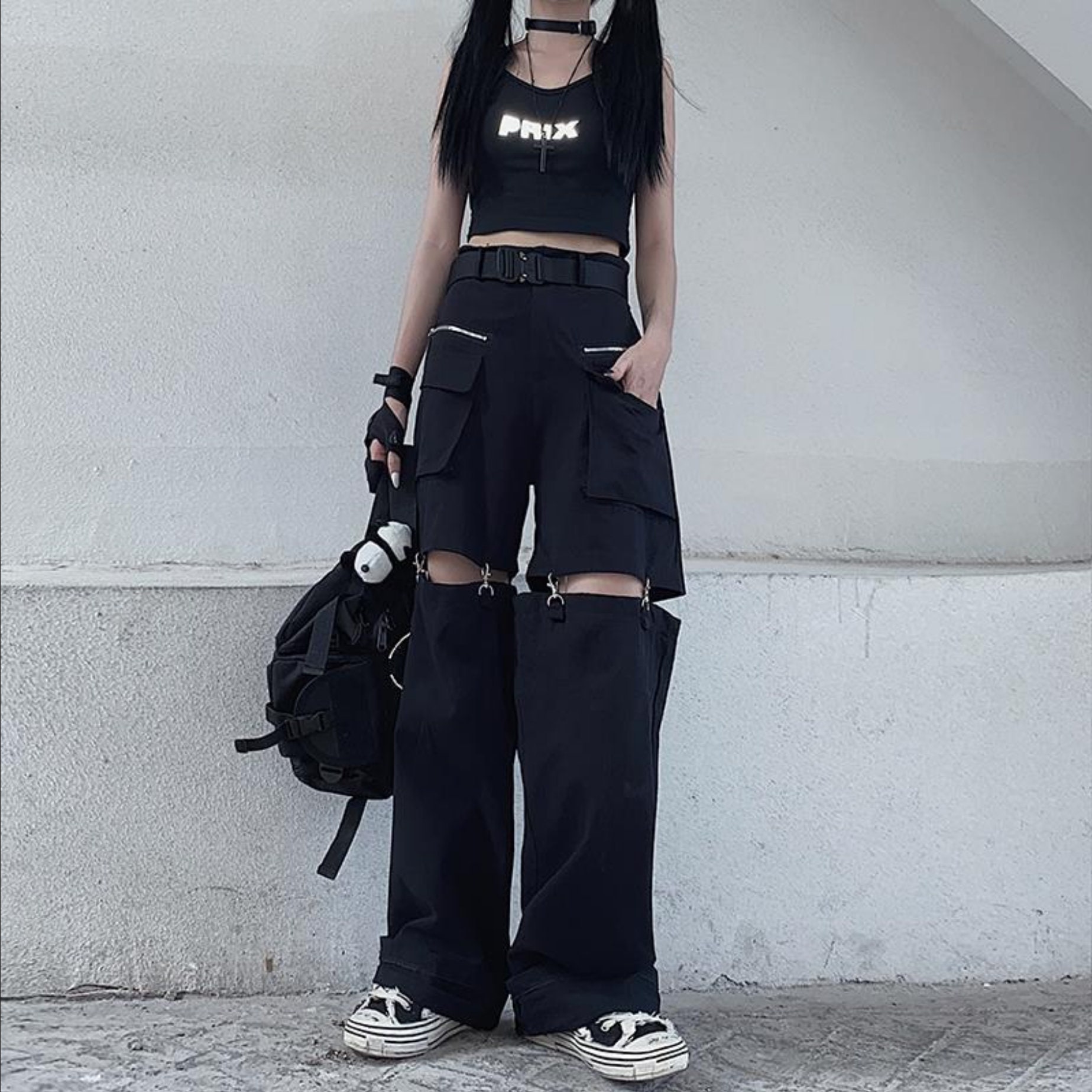 Y2K Gothic Black Techwear Pants, OverSized Summer Shorts