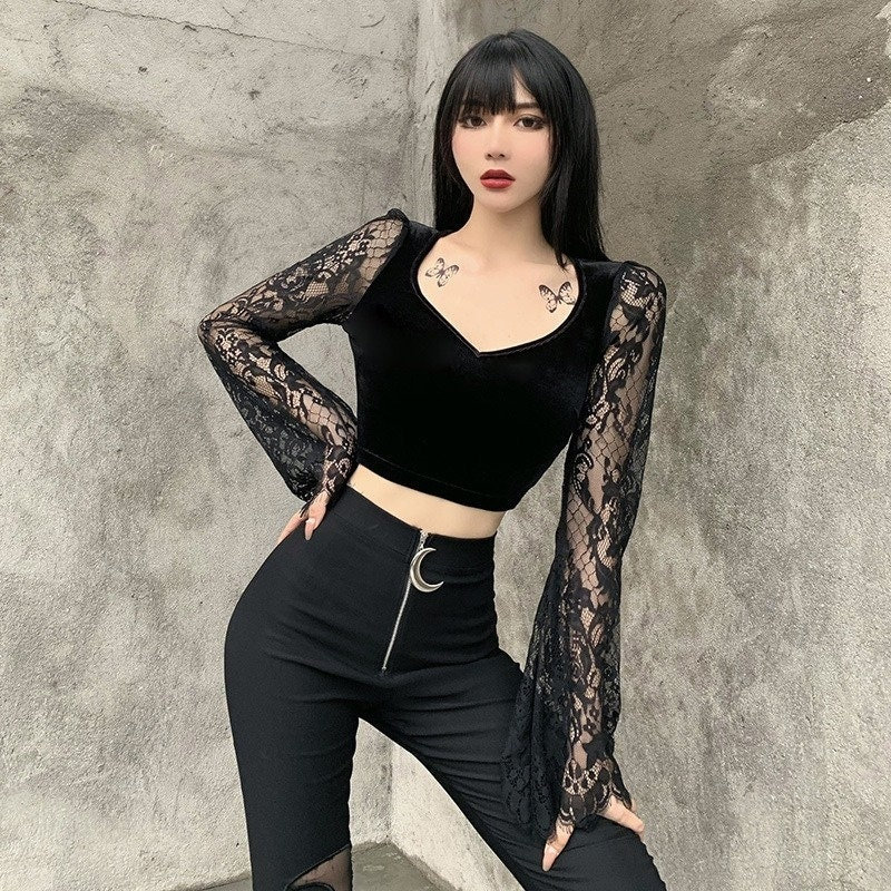 Y2K Gothic Black Velvet Lace Crop Top Long Sleeve