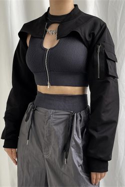 Y2K Gothic Black Zipper Cropped Top Long Sleeve Jacket