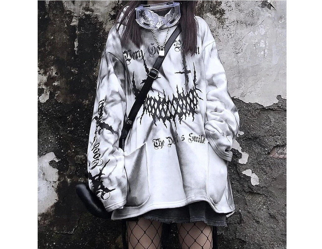 Y2K Gothic Cat T-Shirt - Devil Smile Patchwork + Alt Style Punk