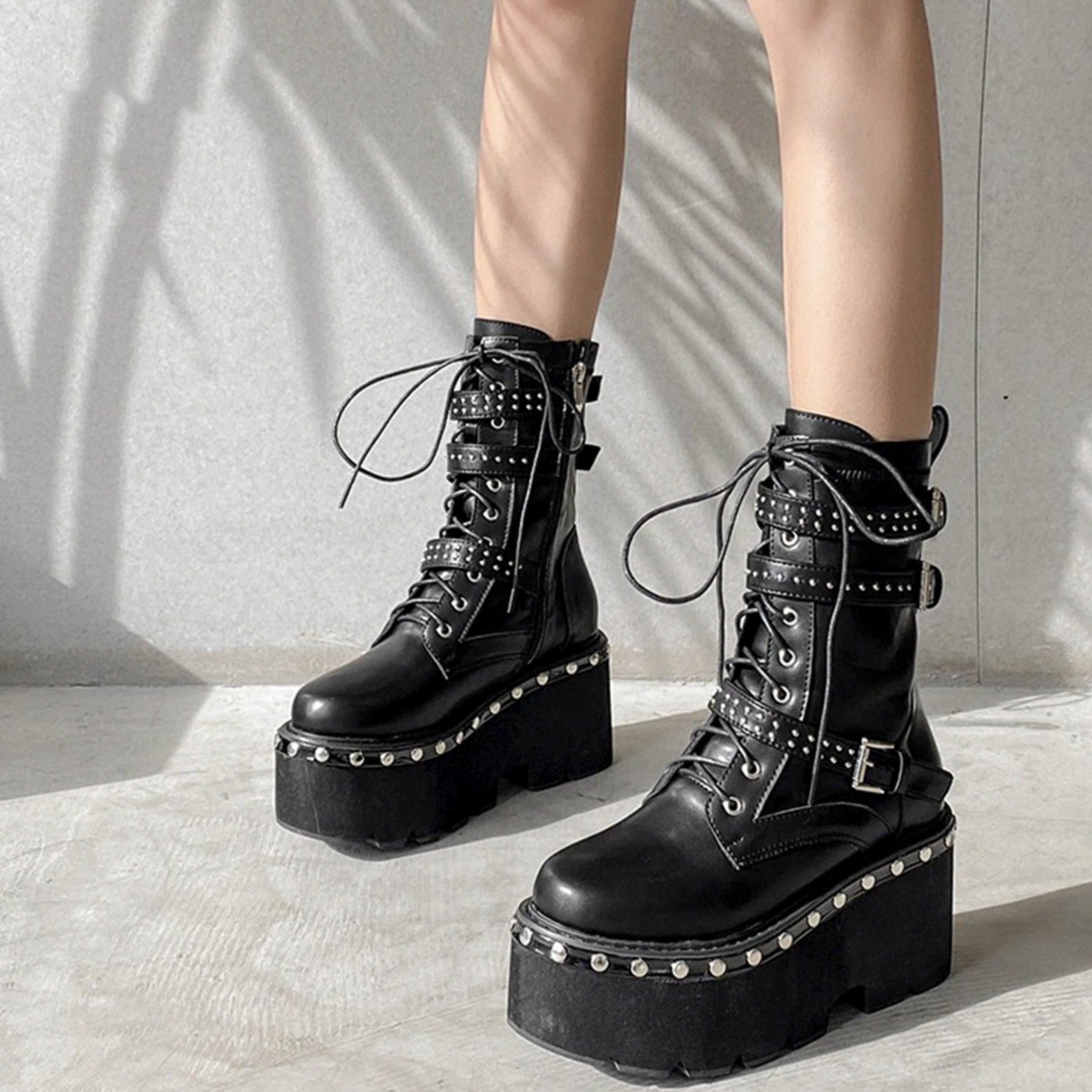 Y2K Gothic Chunky Platform Motorcycle Boots High Heels