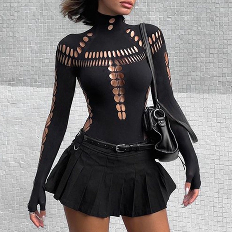 Y2K Gothic Crochet Top & See-Through Bodysuit - Sexy Hollow Out Design