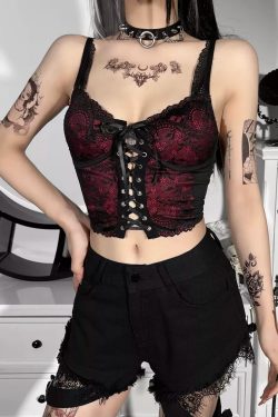 Y2K Gothic Crop Tank Top - Red & Black Lace Up