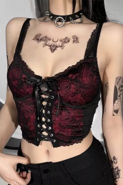 Y2K Gothic Crop Tank Top - Red & Black Lace Up
