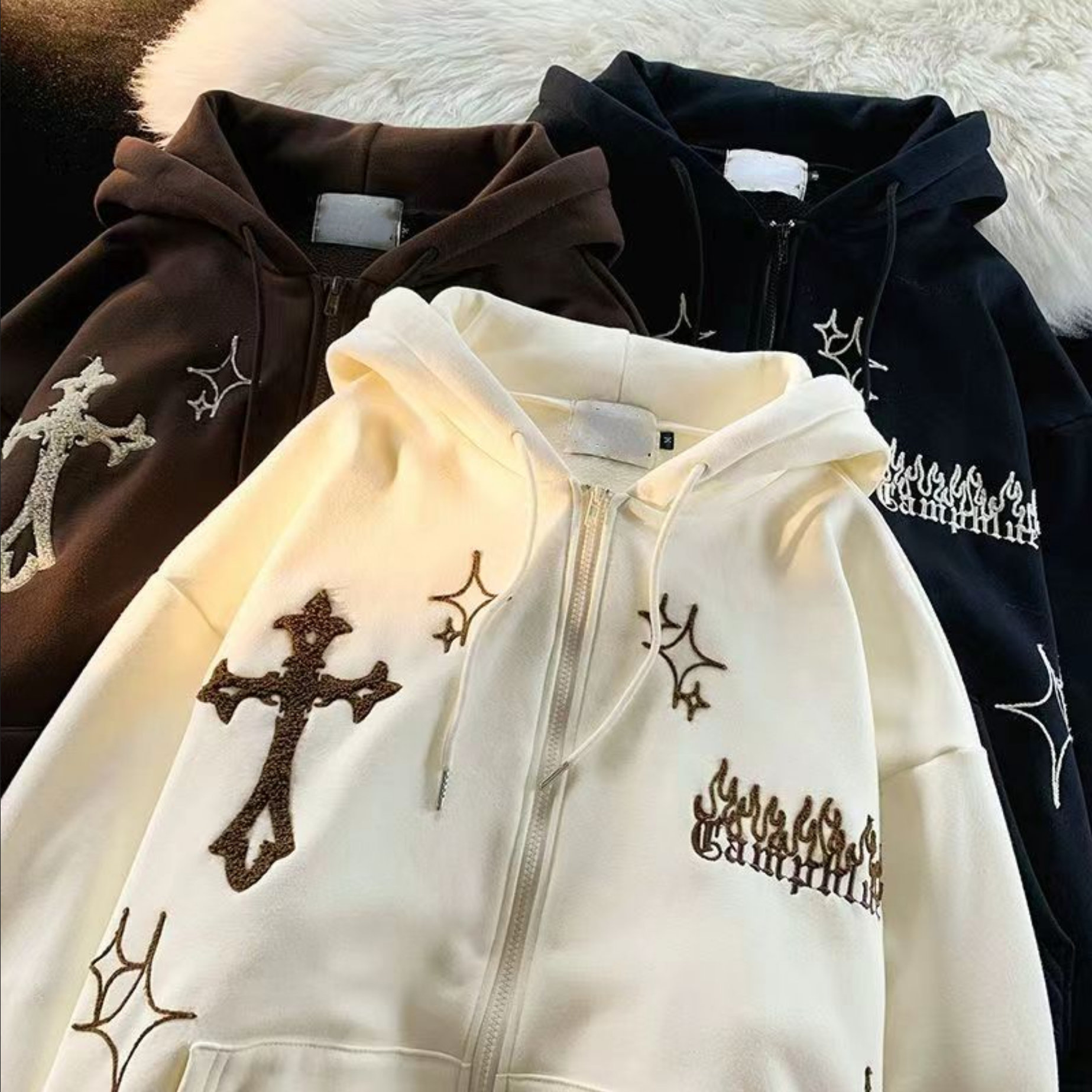 Y2K Gothic Cross & Flames Embroidered OverSized Hoodie