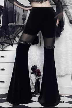 Y2K Gothic Dark Mesh Splicing Flare High Waist Pants