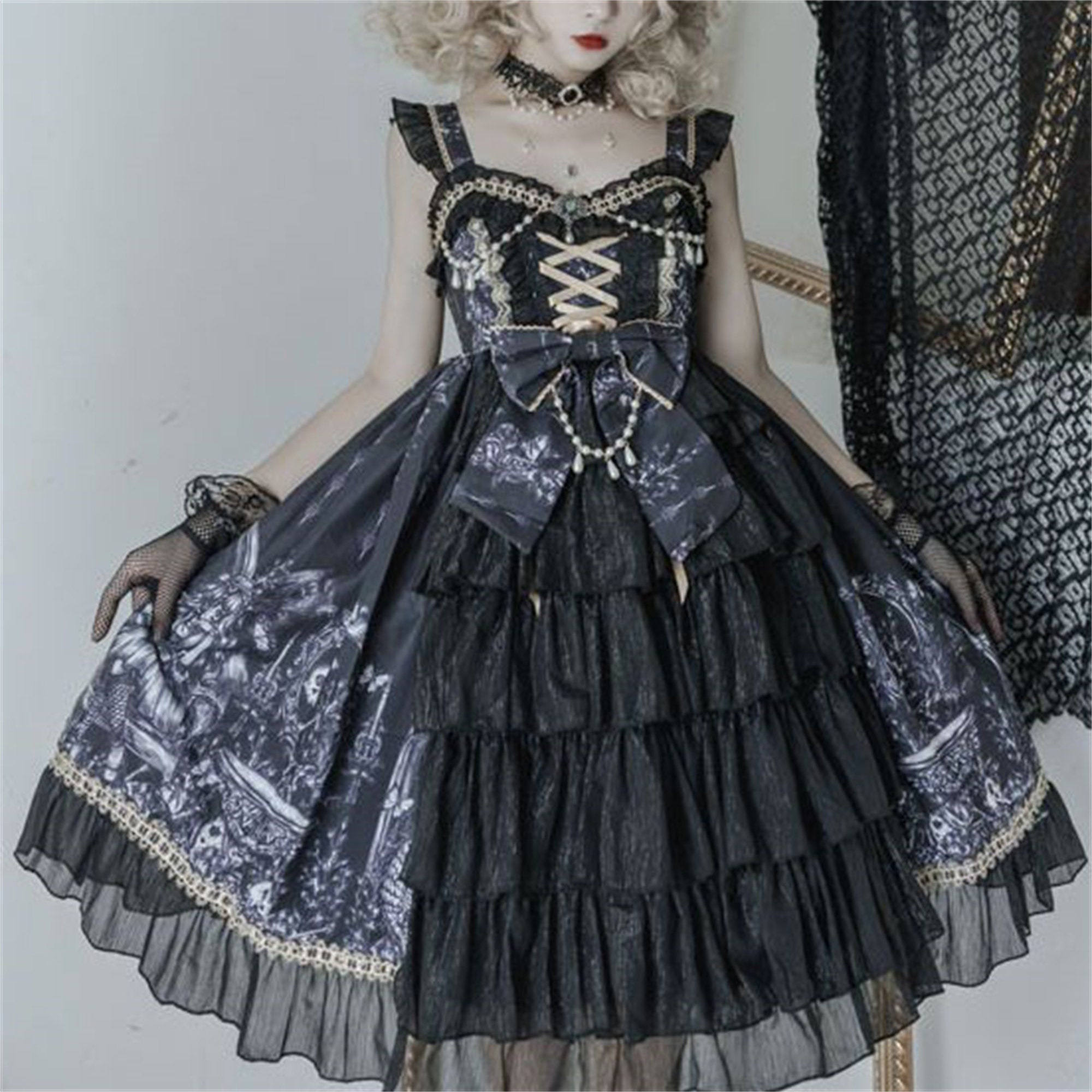 Y2K Gothic Dark Princess Dress High Waist Lolita Sling Dress