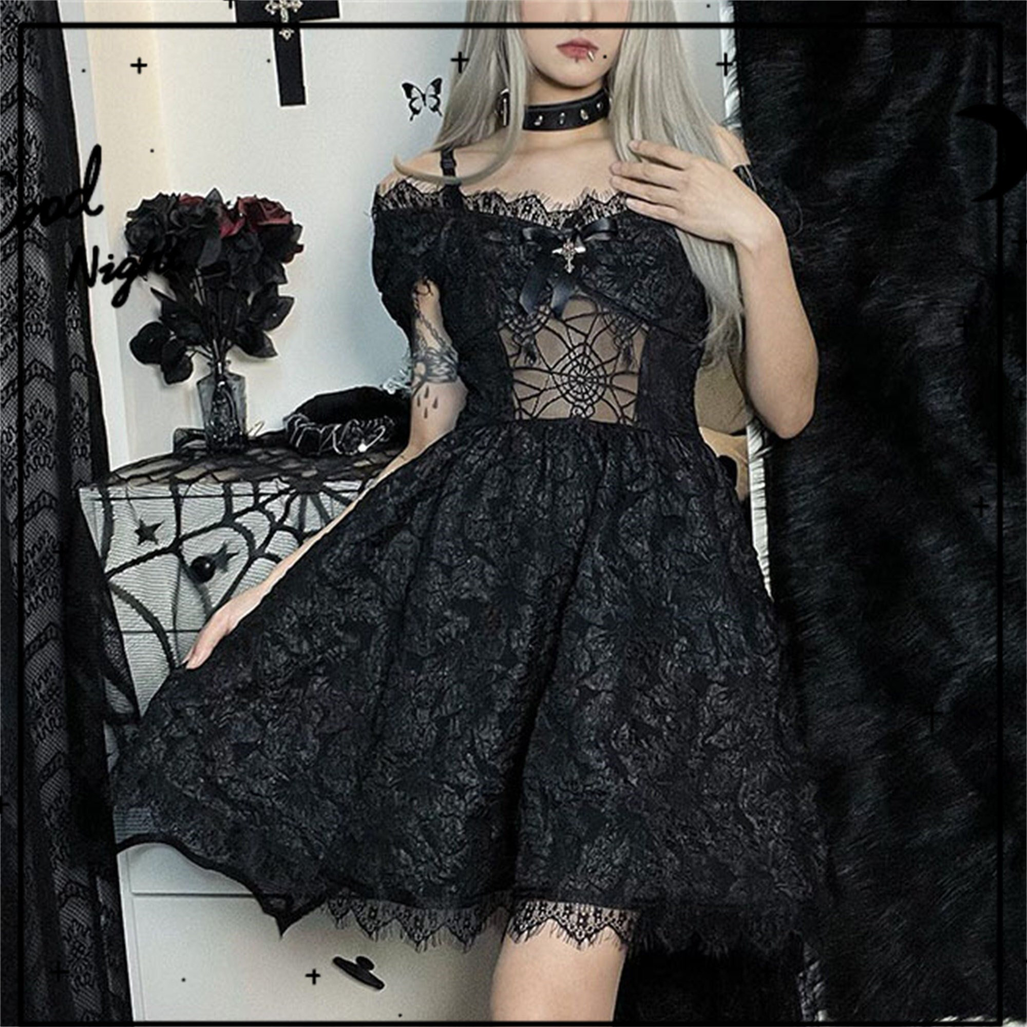 Y2K Gothic Dark Rose Lace High Waist Princess Dress