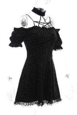 Y2K Gothic Dress w/Choker - Sexy Slim Fit, Vintage Print, Hollow Out