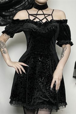 Y2K Gothic Dress w/Choker - Sexy Slim Fit, Vintage Print, Hollow Out