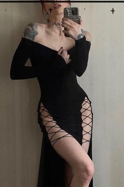 Y2K Gothic EGirl Lace-up Split Dress with Long Sleeves