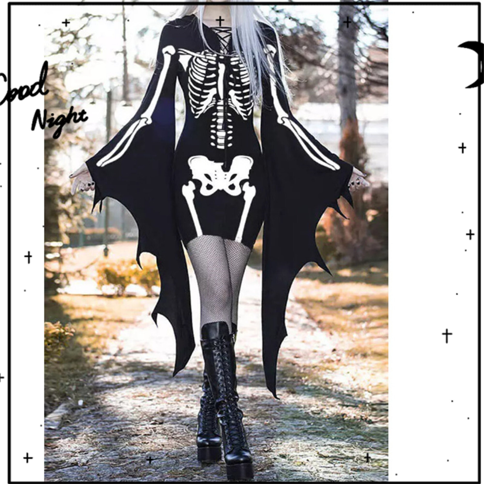Y2K Gothic Halloween Dress with Bat Sleeves & Skull Print
