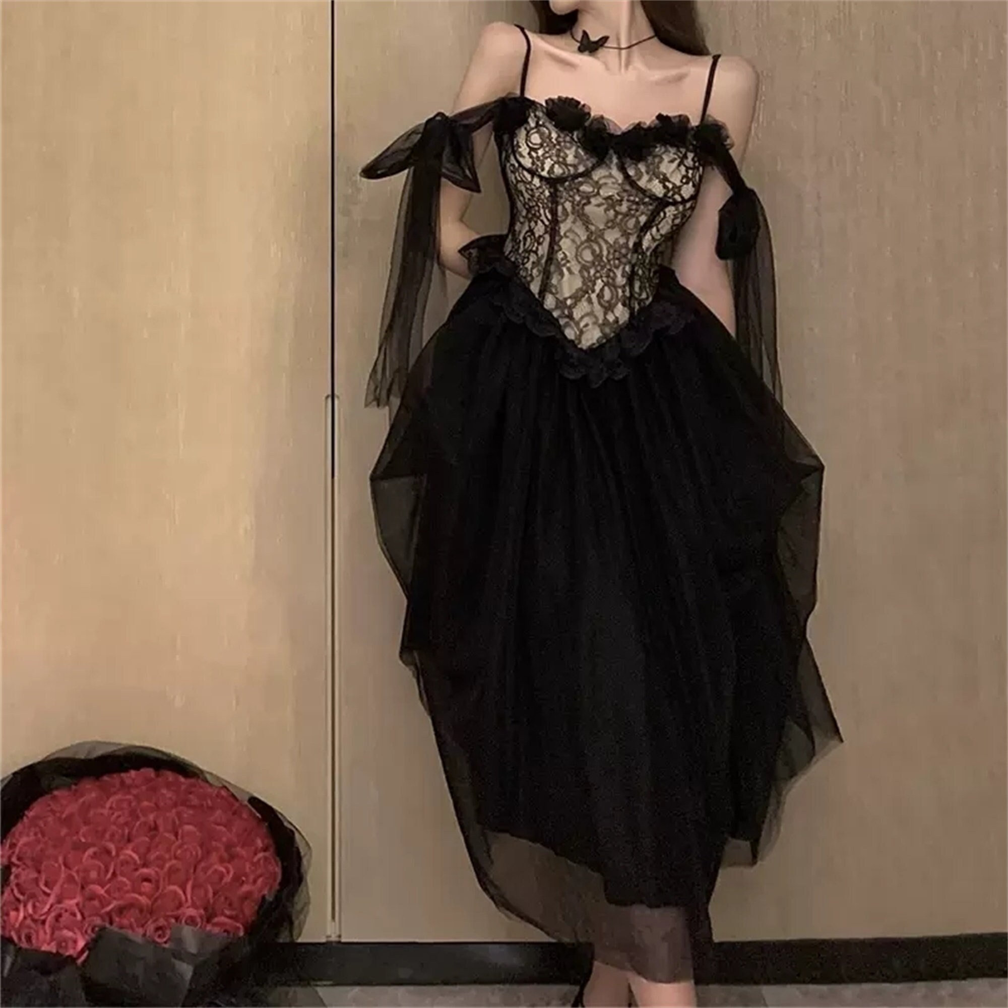 Y2K Gothic High Waist Black Jacquard Prom Dress