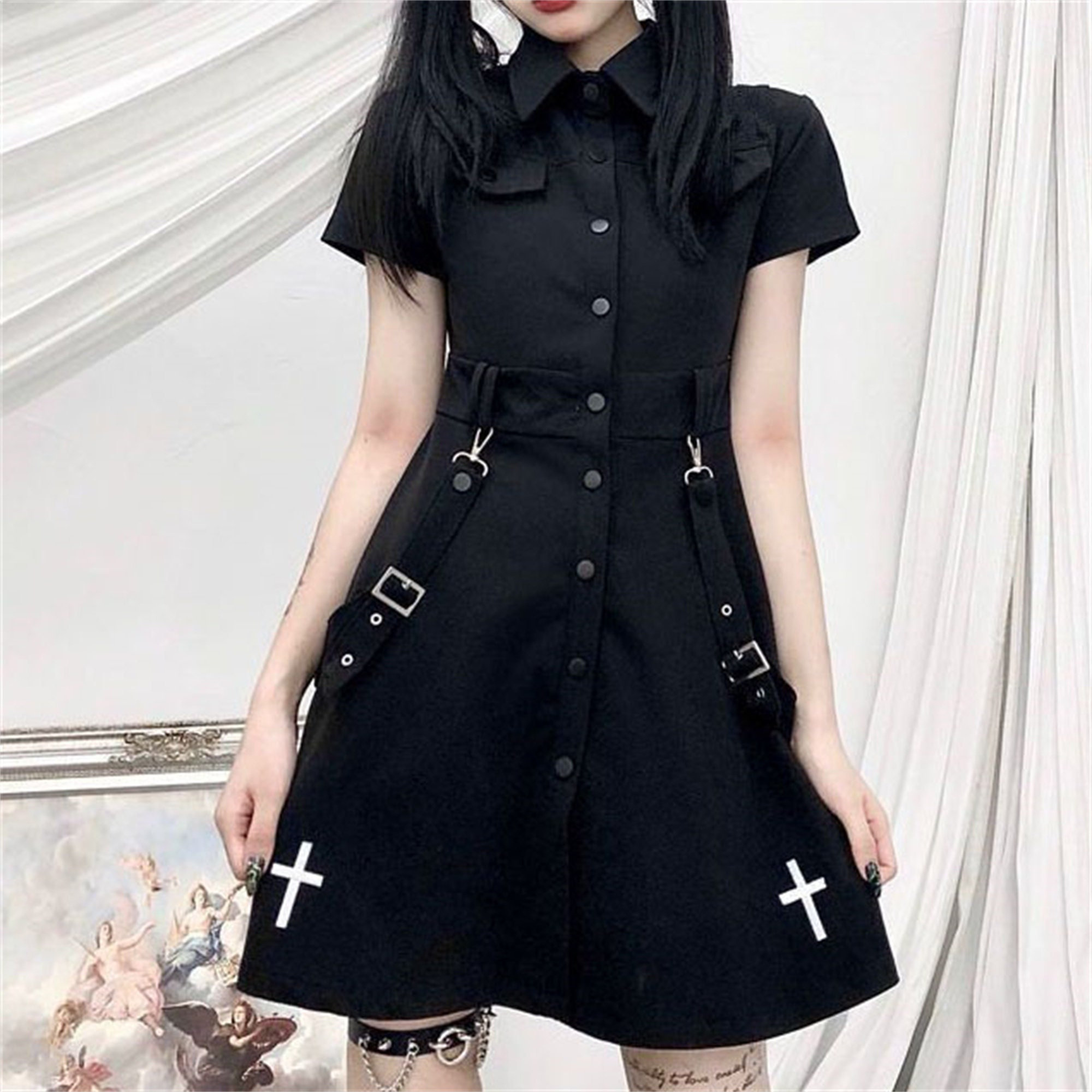 Y2K Gothic High Waist French Cross Embroidered Mini Dress