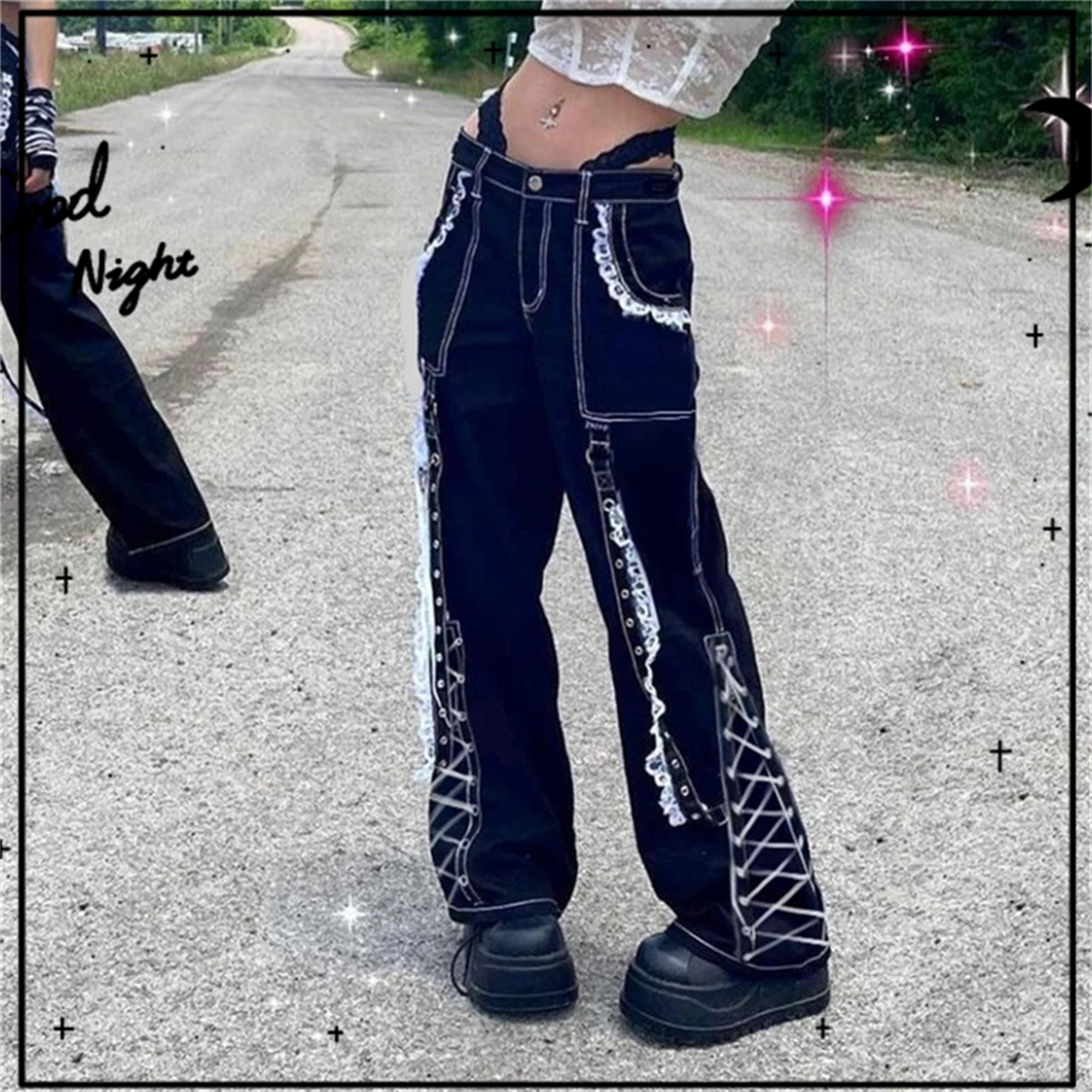 Y2K Gothic High Waisted Lace Flare Denim Pants
