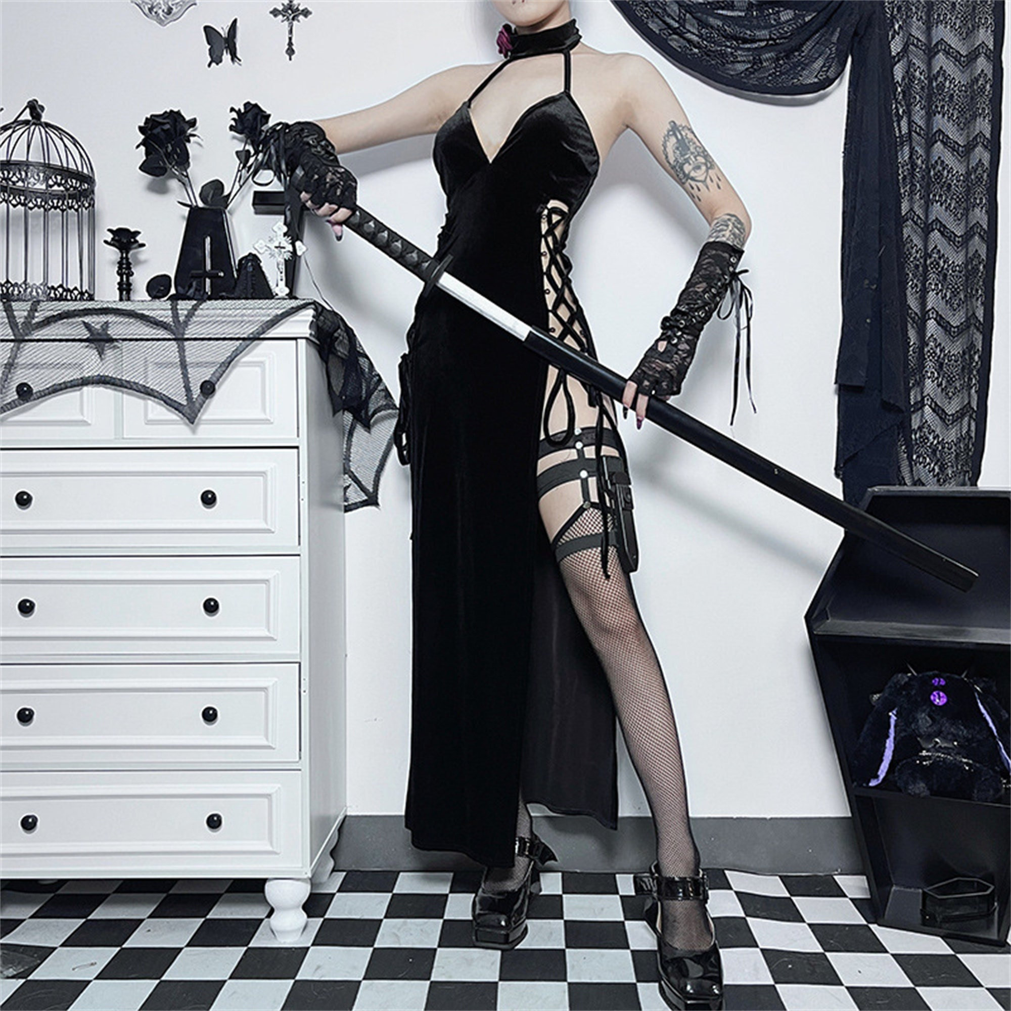 Y2K Gothic Hollow Out Split Dress with Waist Strap