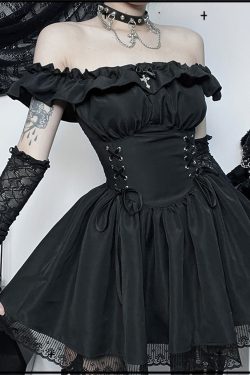 Y2K Gothic Lace-Up Slim Fit Dress - Harajuku Off Shoulder Style