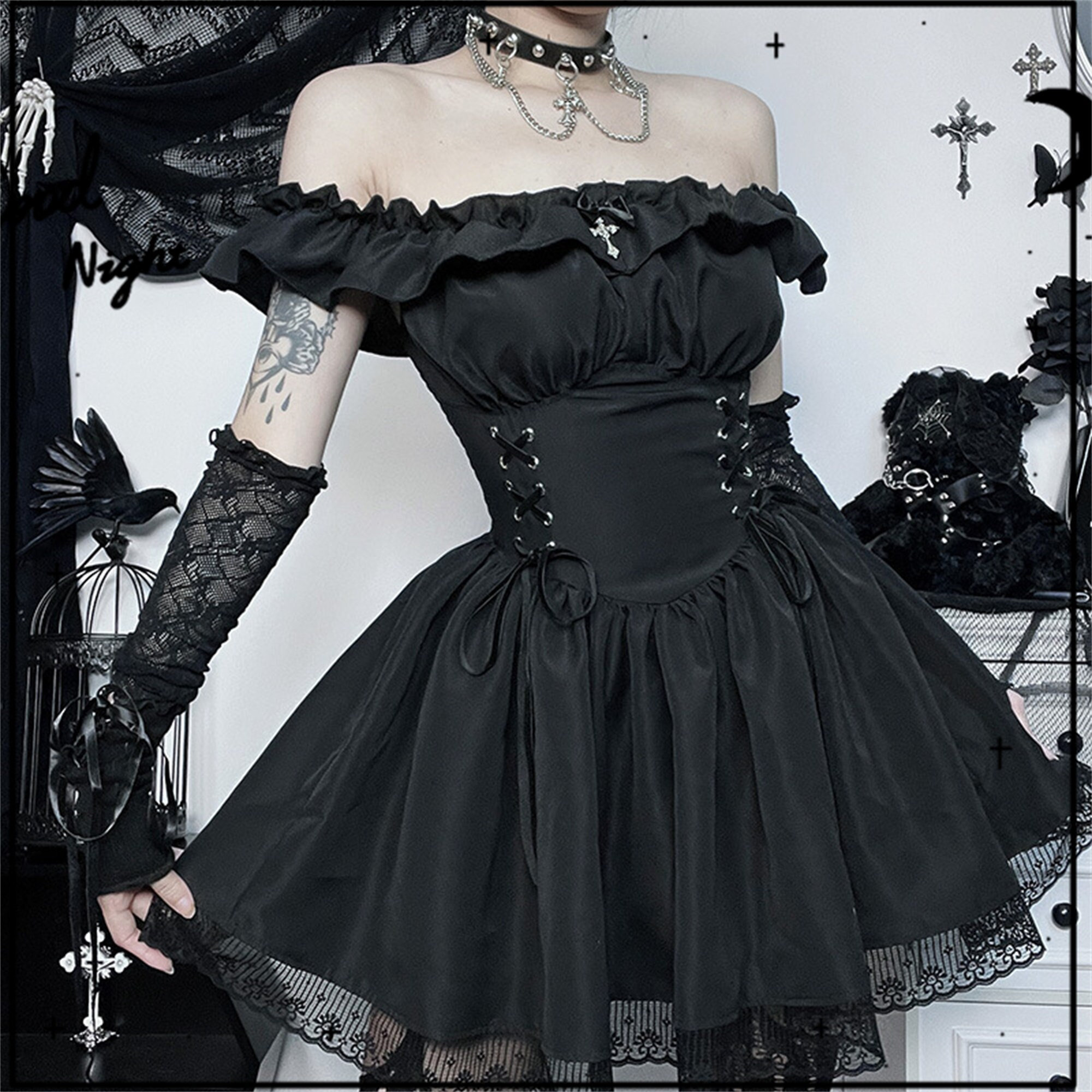 Y2K Gothic Lace-Up Slim Fit Dress - Harajuku Off Shoulder Style