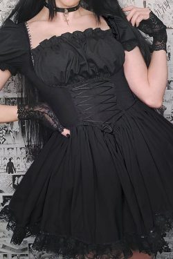 Y2K Gothic Lace Corset Dress with Puffy Sleeves