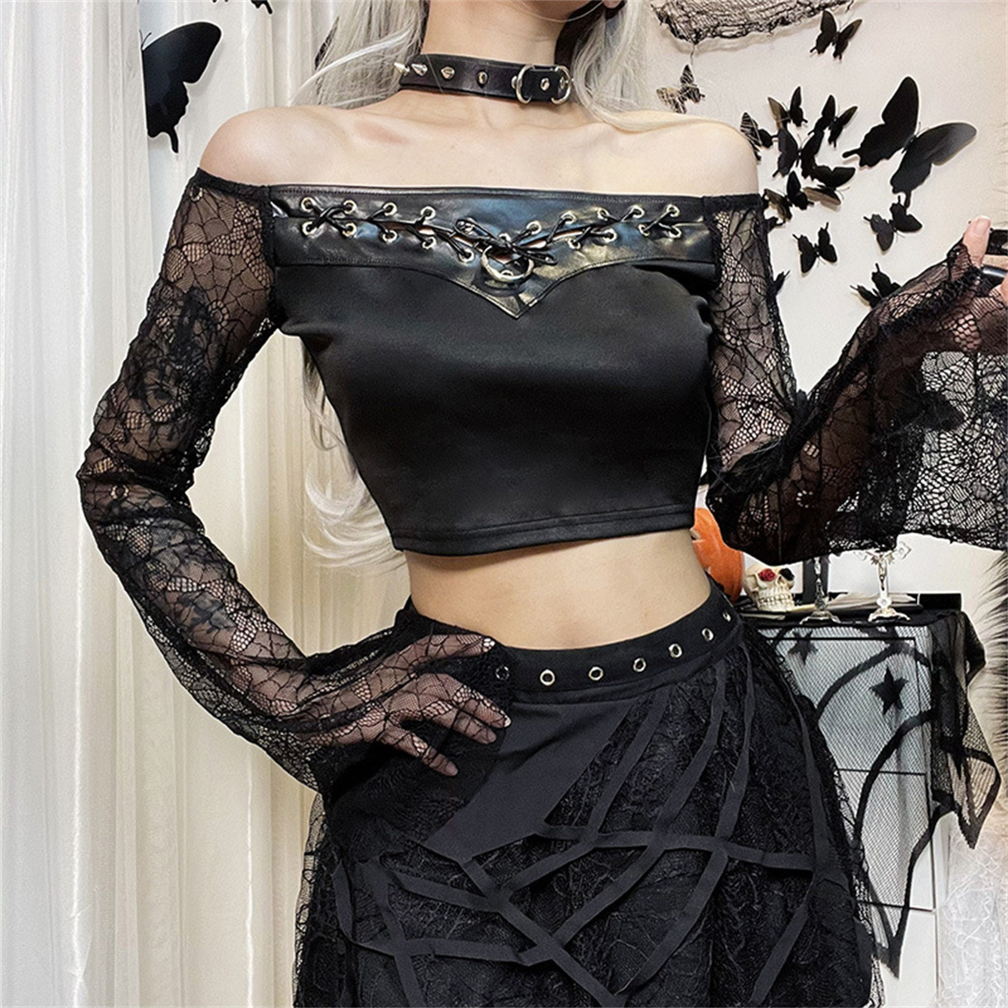 Y2K Gothic Lace Flare Sleeve Top - Lace-up, Sheer Mesh, Retro Tulle