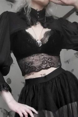 Y2K Gothic Lace High Collar Waistcoat Crop Top