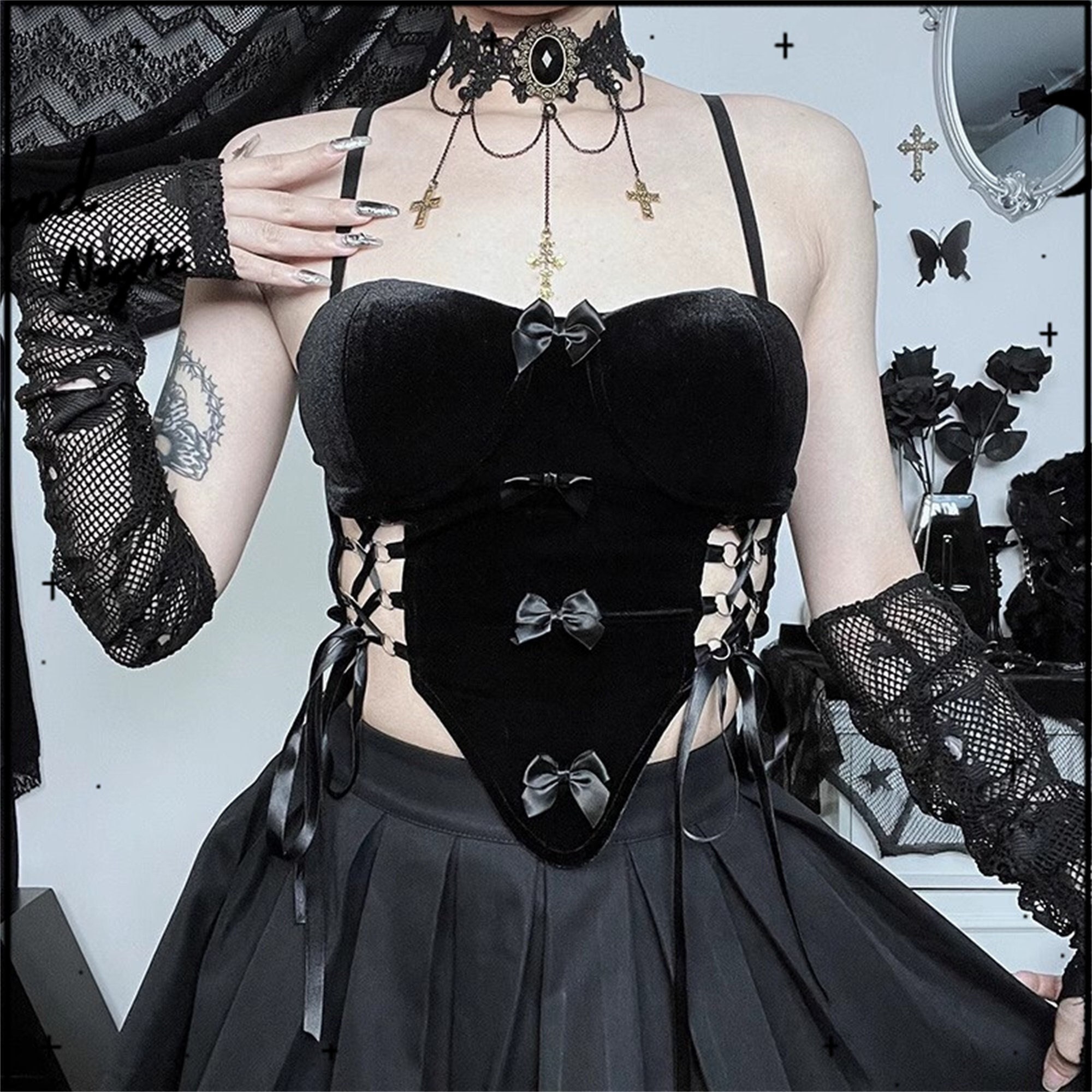Y2K Gothic Lace Up Backless Butterfly Knot Crop Top