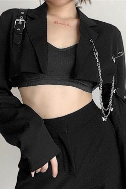 Y2K Gothic Leather Buckle Crop Top - Long Sleeved Jacket