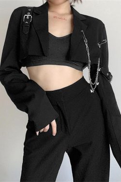 Y2K Gothic Leather Buckle Crop Top - Long Sleeved Jacket