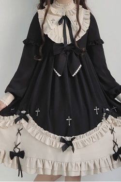 Y2K Gothic Lolita Bowknot Ruffle Collar Puff Sleeve Dress