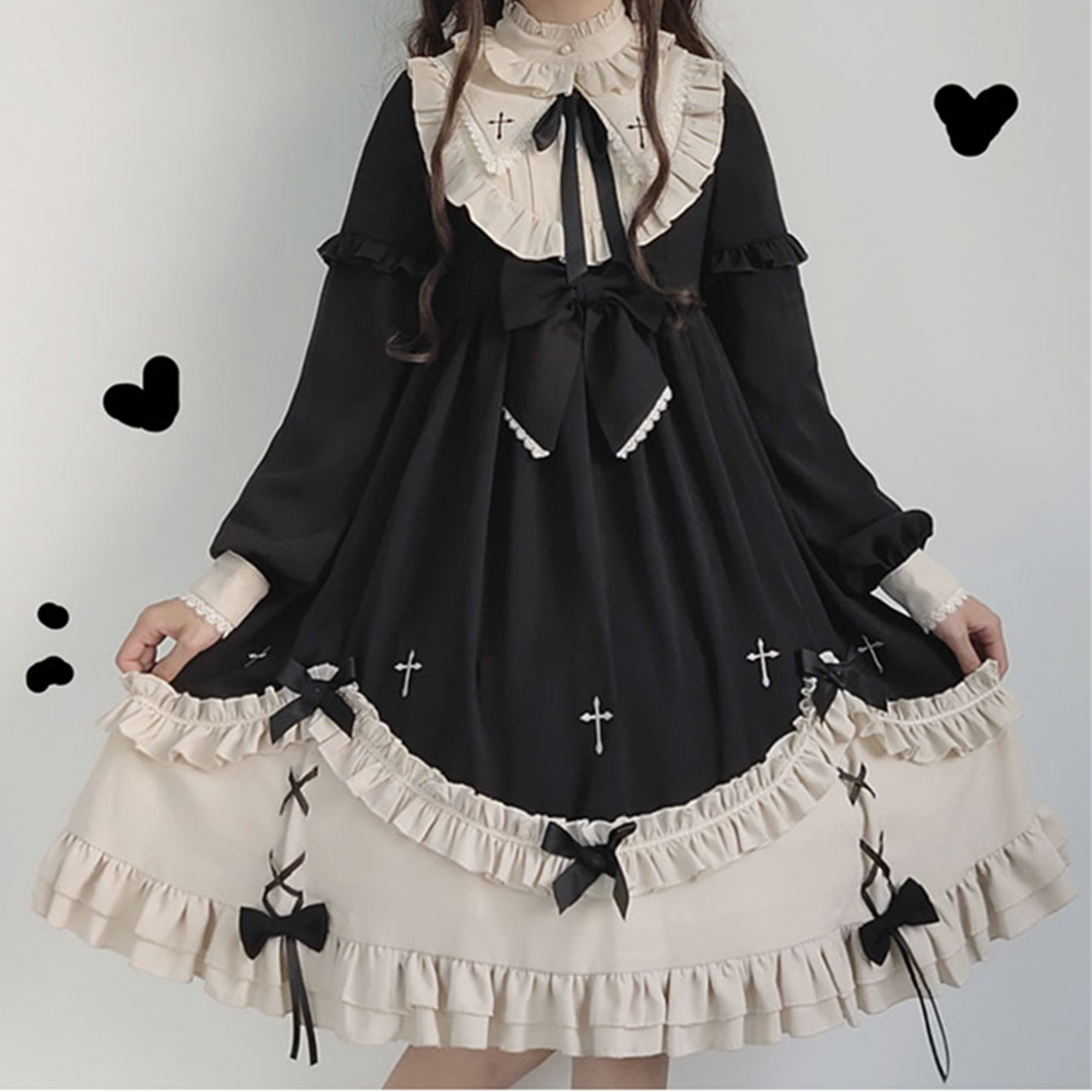 Y2K Gothic Lolita Bowknot Ruffle Collar Puff Sleeve Dress