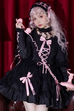 Y2K Gothic Lolita Dress Princess Party, Long Sleeve, Black Pink