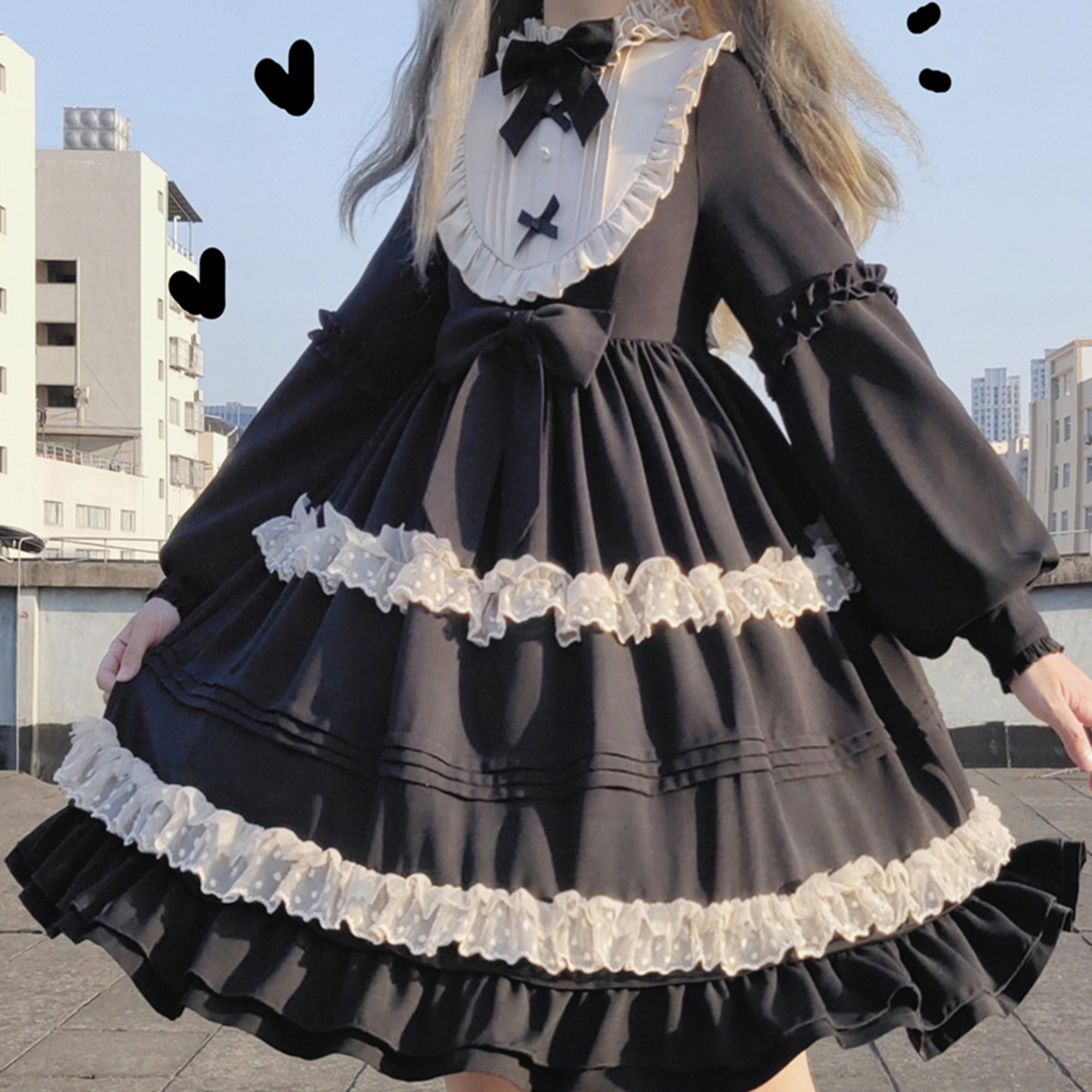 Y2K Gothic Lolita Dress with Bowknot Ruffle Collar & Lace Sleeve