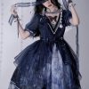 Y2K Gothic Lolita Dress with Lace Bow & Dark Blue Butterfly
