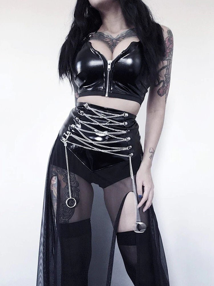 Y2K Gothic Lolita Faux Leather Slit Skirt with Chain