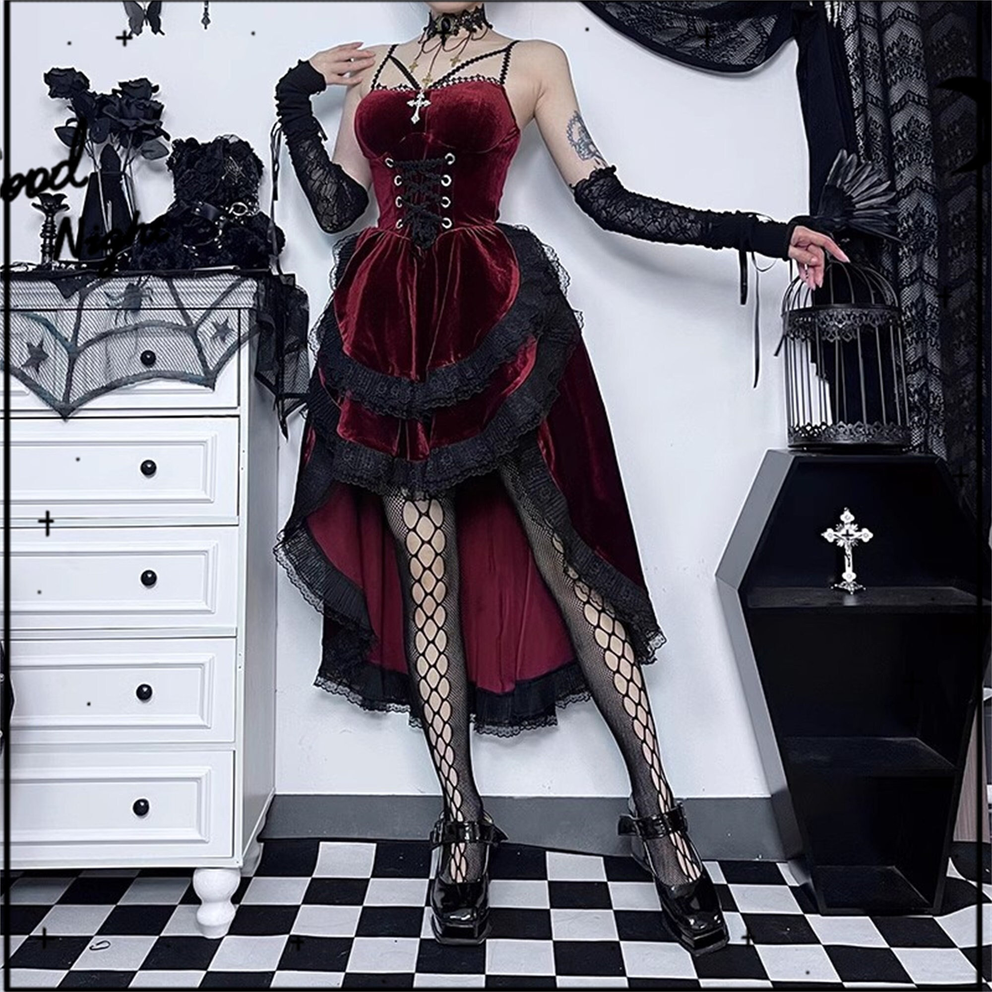 Y2K Gothic Lolita Irregular Lace-Up Sling Dress