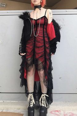 Y2K Gothic Mesh Lace Pleated Irregular Hem Dress