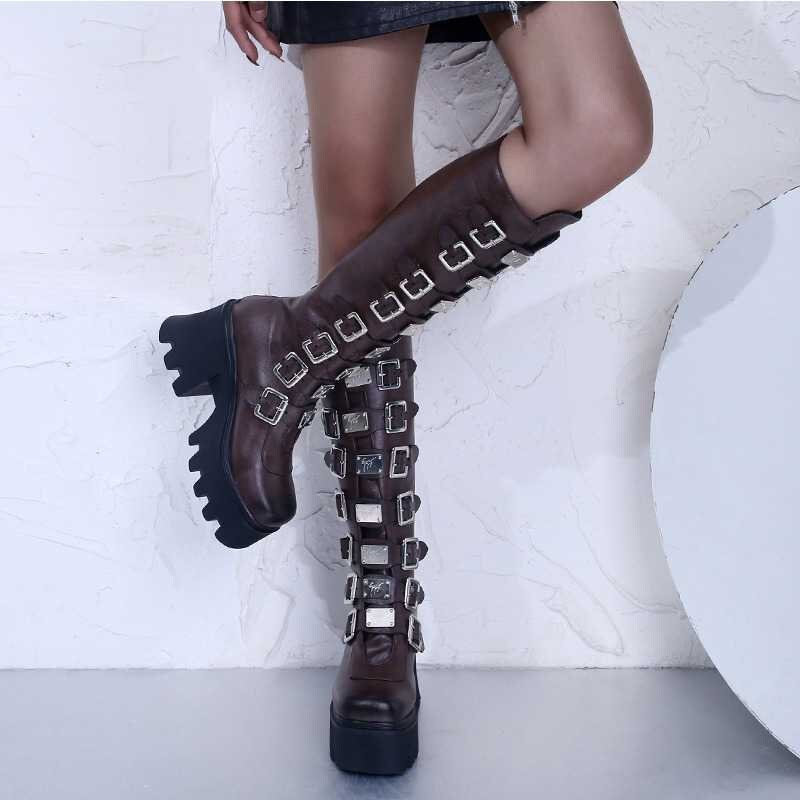 Y2K Gothic Motorcycle Knee High Boots - Black