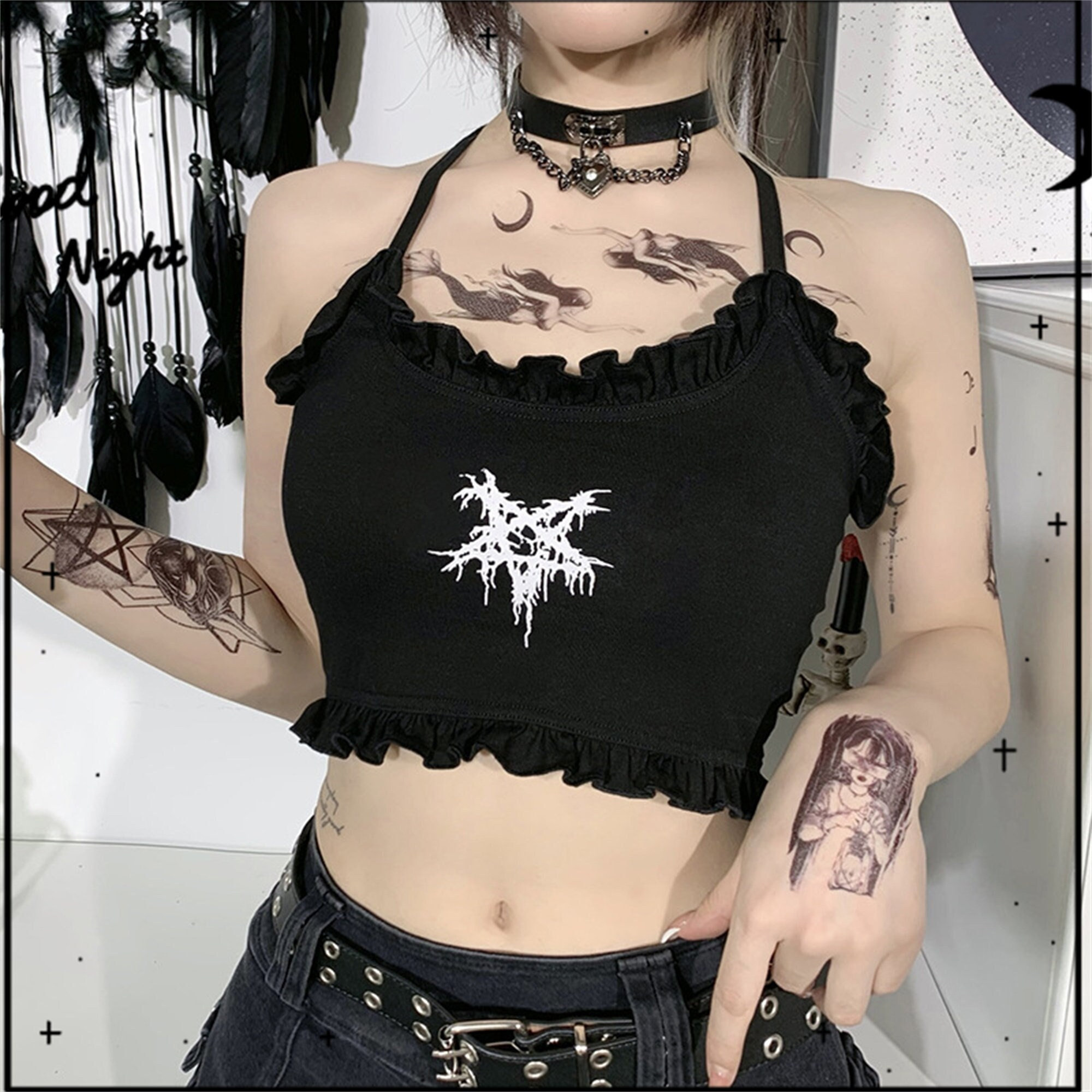Y2K Gothic Pentagram Women Tank Top - Slim Fit, Printed Crop Top