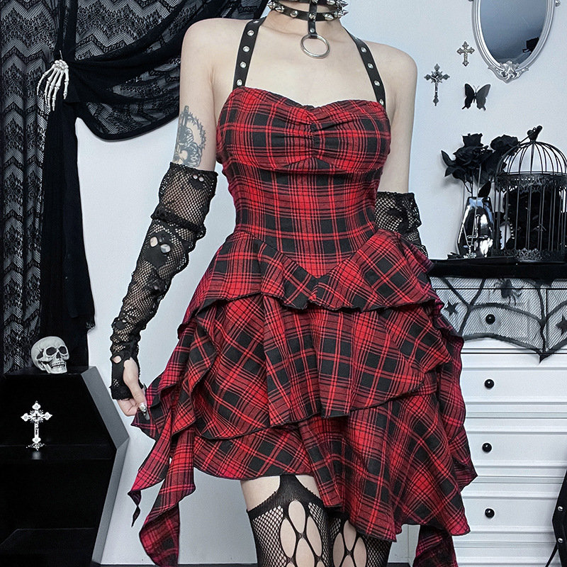 Y2K Gothic Plaid Halter Dress - Fairycore Streetwear