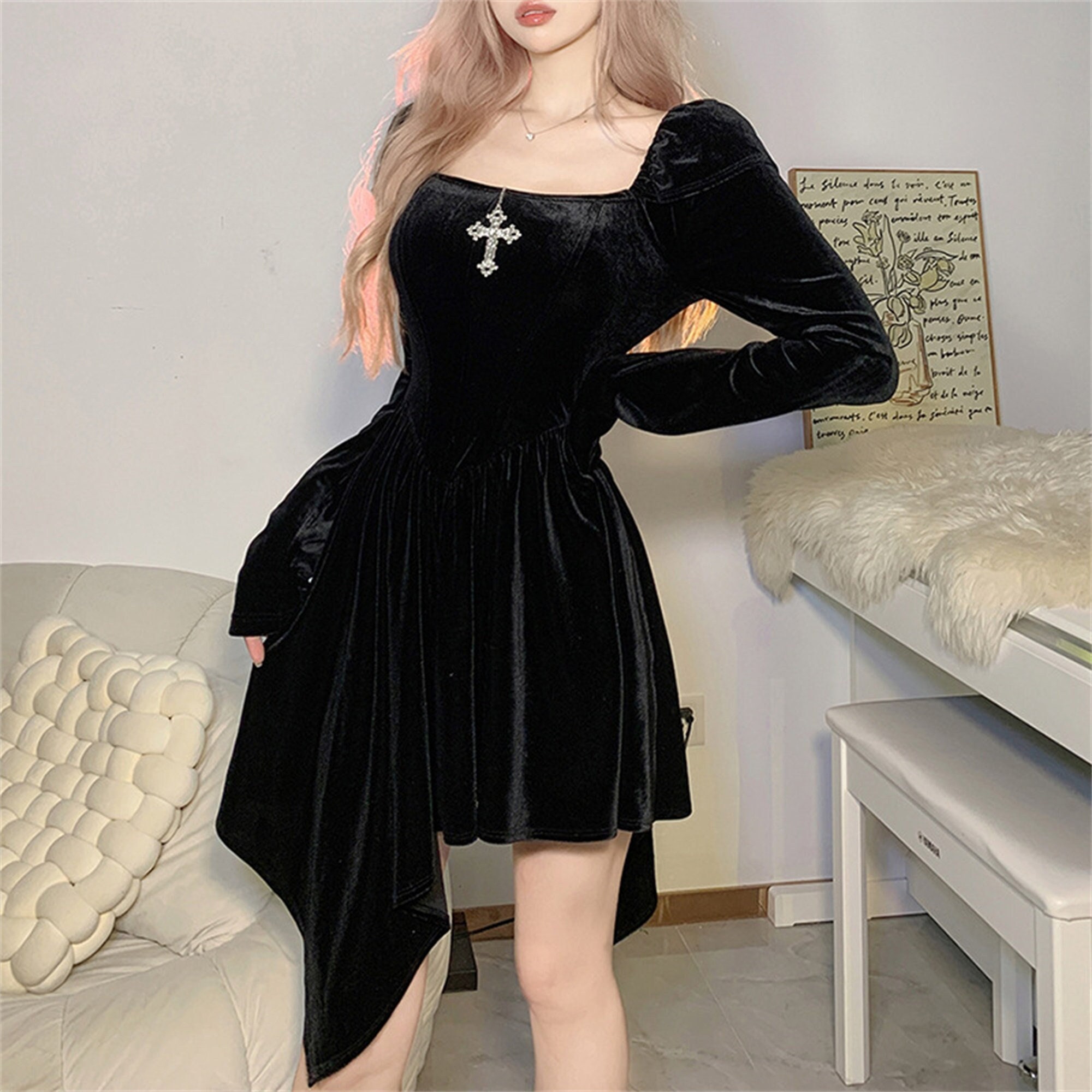 Y2K Gothic Princess Dress - Velvet, Irregular, Long Sleeve