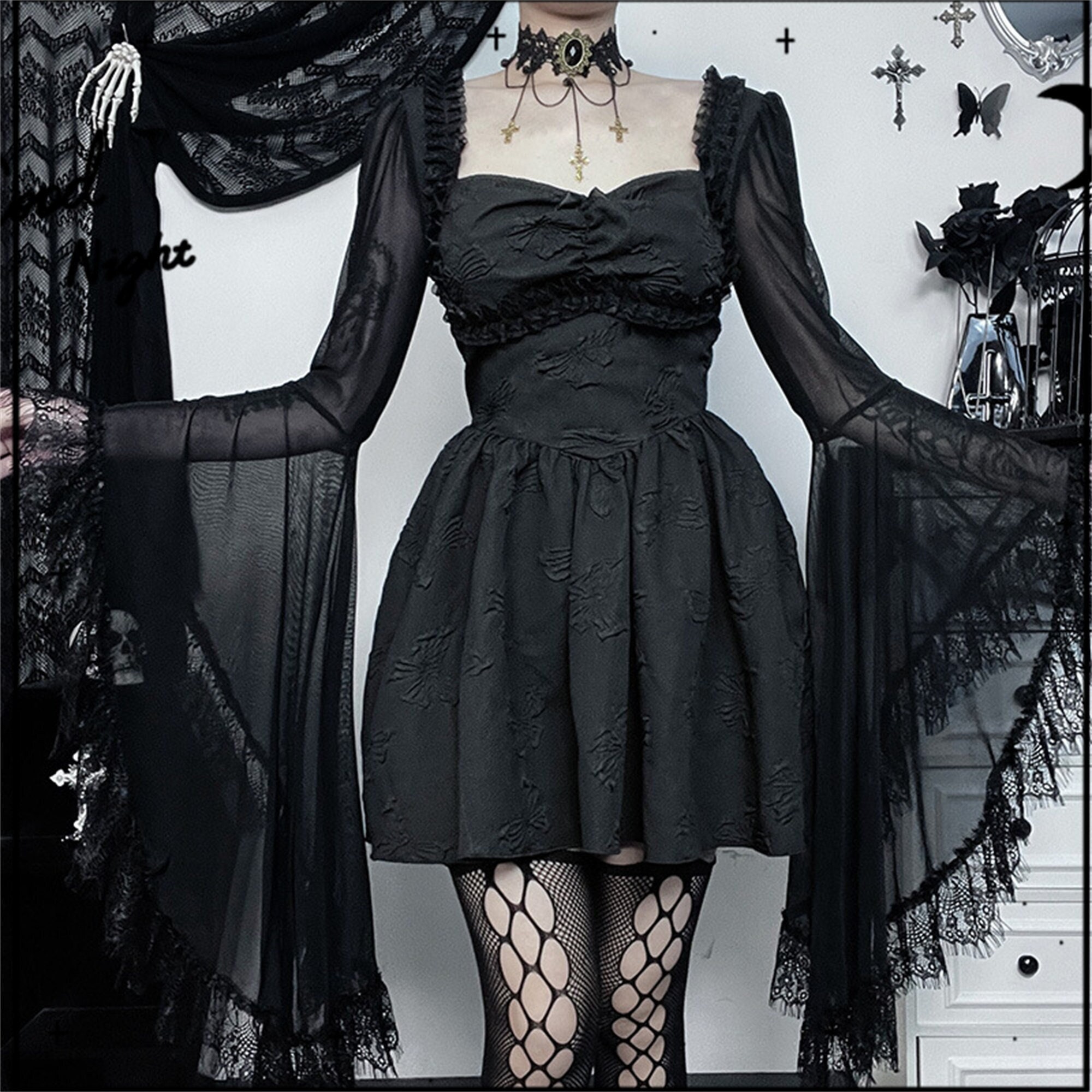 Y2K Gothic Princess High Waist Flare Sleeve Dress