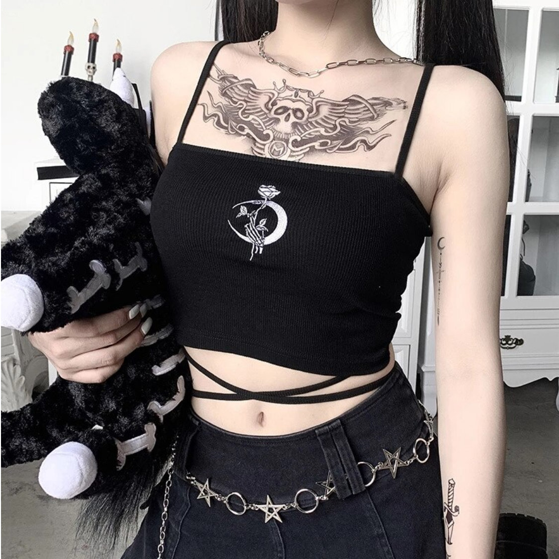 Y2K Gothic Printed Suspender Crop Top for Women