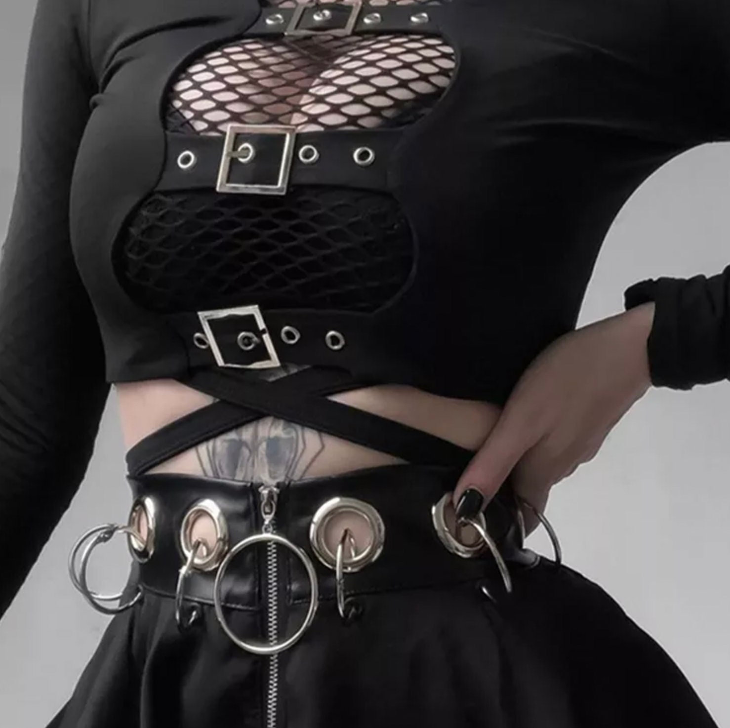 Y2K Gothic Punk Black Hollow Out Buckle Crop Top