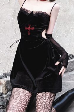 Y2K Gothic Red Cross Velvet Dress with Lace Suspender Skirt