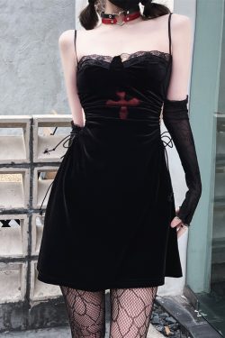 Y2K Gothic Red Cross Velvet Dress with Lace Suspender Skirt