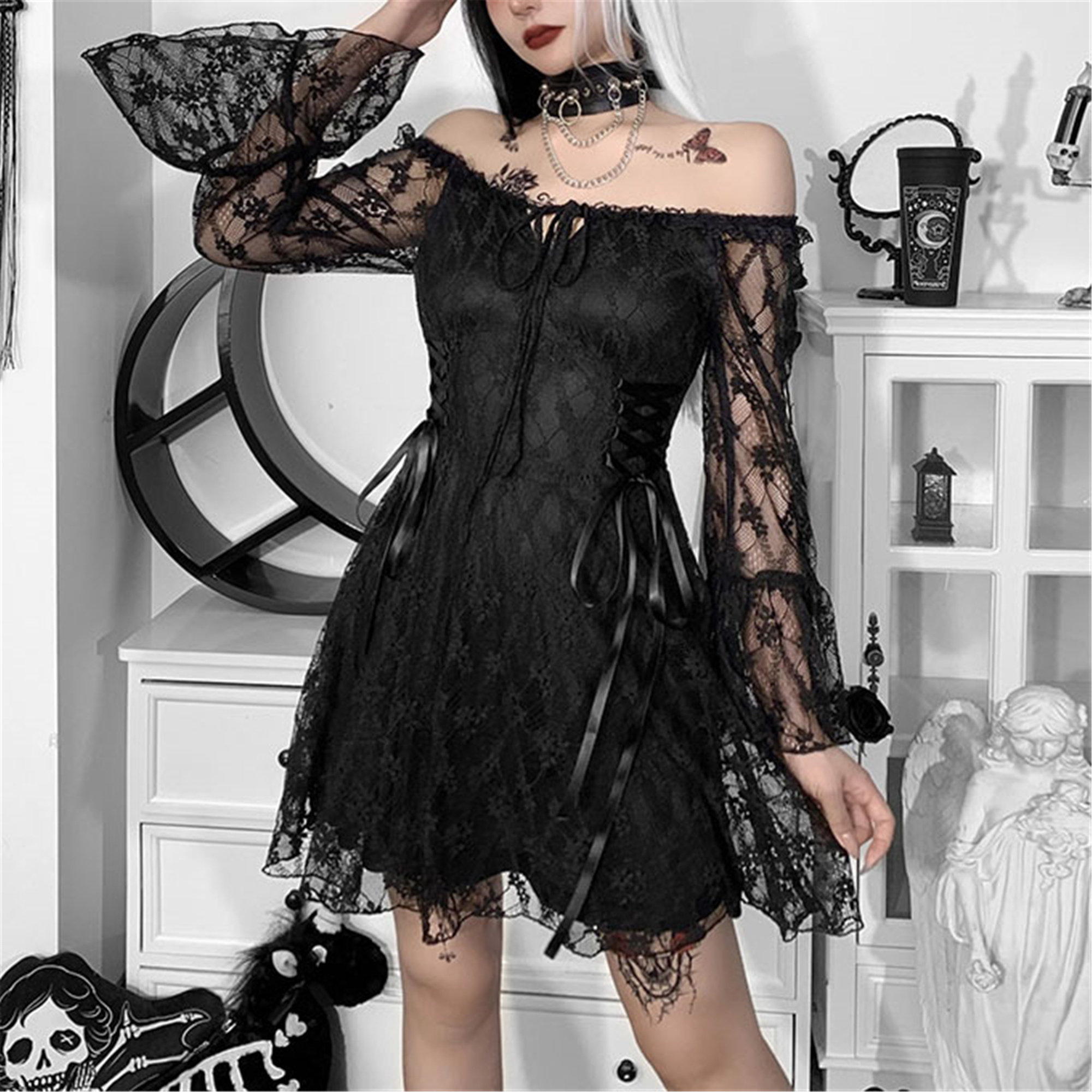 Y2K Gothic Ruffled Lace Long Sleeve Dress Fashion