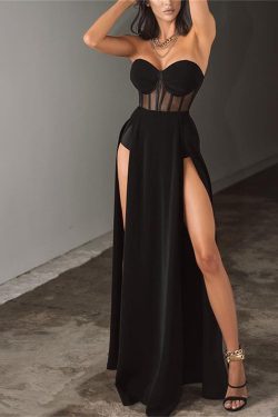 Y2K Gothic Sexy Prom Dress - Black High Waist, Hollow Out, Split Skirt