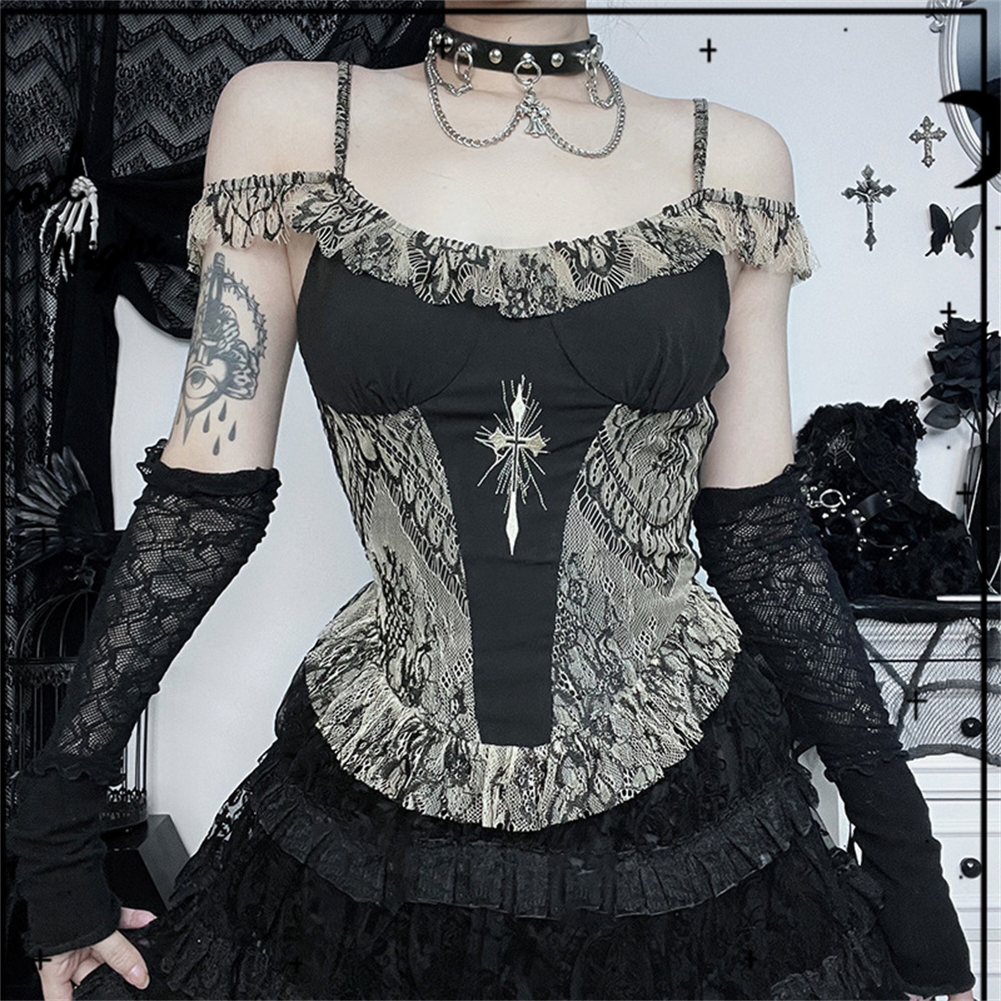 Y2K Gothic Slim Fit Embroidered Cross Tank Top