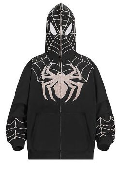 Y2K Gothic Spider Print Cardigan Hoodie - Unisex Harajuku Streetwear