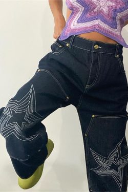 Y2K Gothic Star Embroidery Low Waist Straight Jeans